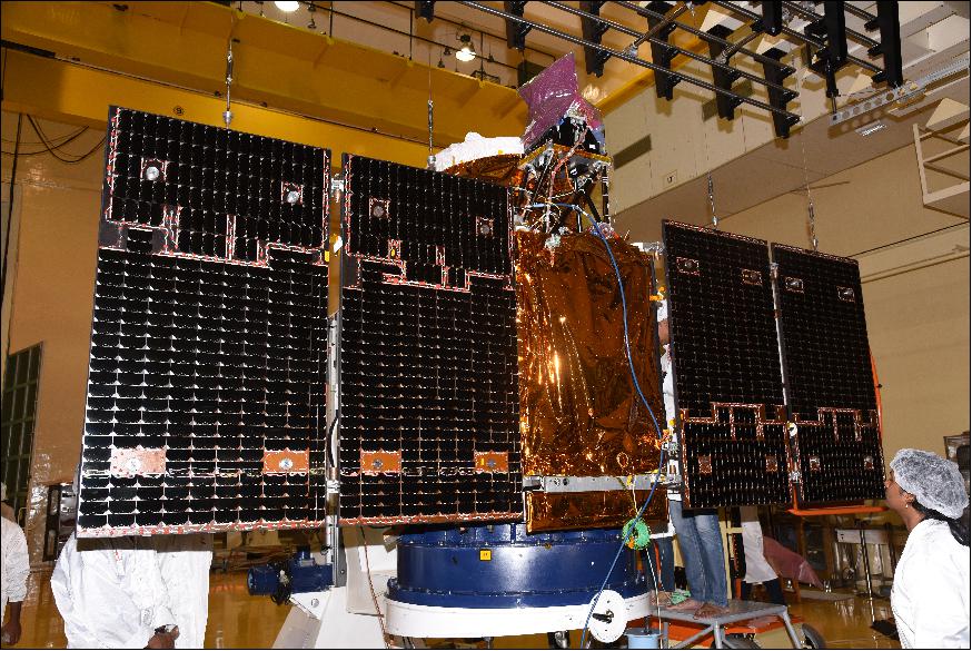 Figure 2: Cartosat-2 series satellite undergoing solar panel deployment test (image credit: ISRO)