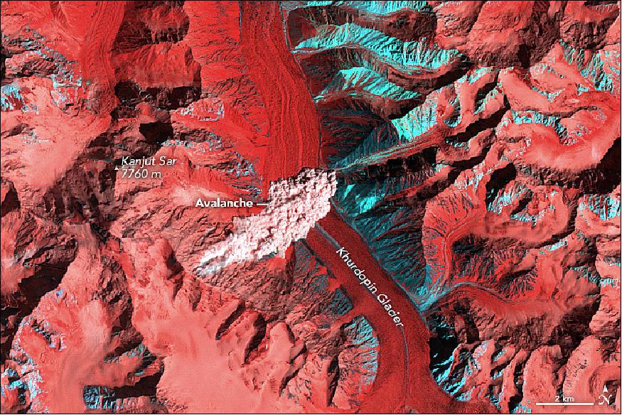 Figure 3: Image of a large powder avalanche, acquired with TM on Landsat-5 on April 17, 1996 (image credit: NASA Earth Observatory, image by Jesse Allen, using Landsat data from the USGS, story by Adam Voiland)