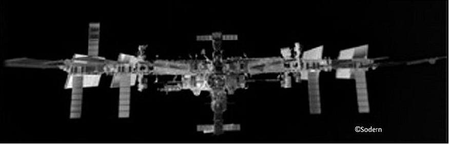 Figure 15: LIRIS image taken 70 m from the Station - the first showing the complex in this configuration. Ahead of an ATV docking, the Station turns its solar wings to avoid GPS navigation signals bouncing off the structure and confusing the incoming craft (image credit: Sodern, ESA) 30)
