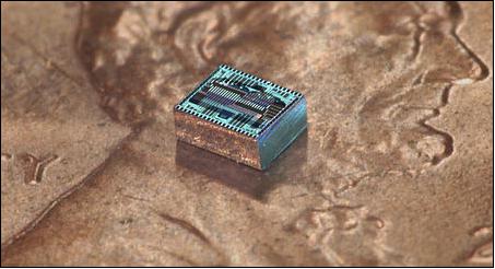 Figure 4: The OPA chip placed on a penny for scale. This chip could be the lensless camera of the future (image credit: Caltech / Hajimiri Lab)