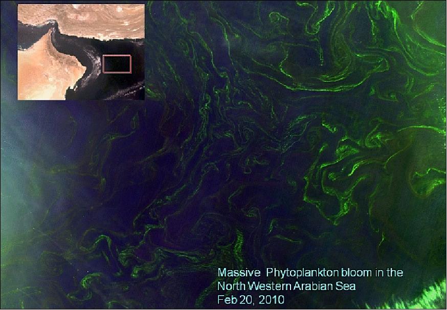 Figure 8: OCM-2 image of phytoplankton bloom in the Arabian Sea (image credit: ISRO, Ref. 23)