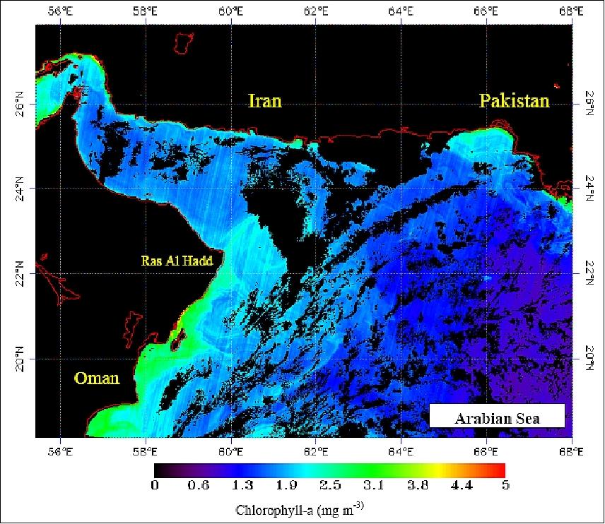 Figure 14: Chlorophyll-a distribution by OCM-2 (LAC, Sept. 27, 2009) over the parts of the western Arabian Sea (image credit: ISRO)
