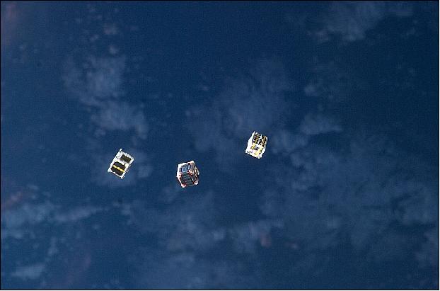 Figure 9: High resolution image of three CubeSats after deployment with planet Earth as the background. TechEdSat is the satellite to the right (image credit: NASA) 12)