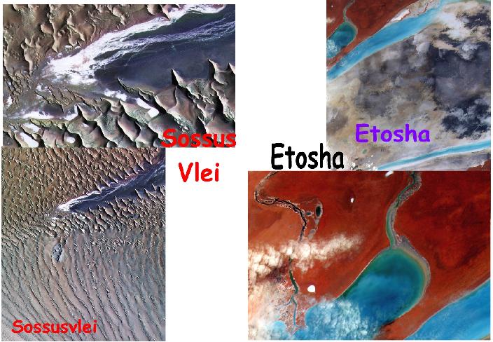 Figure 8: Selected SumbandilaSat images of Sossusflei in the Namib desert (left) and a portion of the Etosha National Park (right) after heavy rains (image credit: SunSpace, Jan. J. Du Plessis)