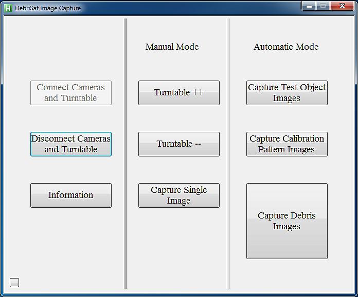 Figure 13: The GUI (Graphical User Interface) shown allows the operator to acquire images of the object by simply clicking the "Capture Debris Images" button (image credit: University of Florida, NASA)