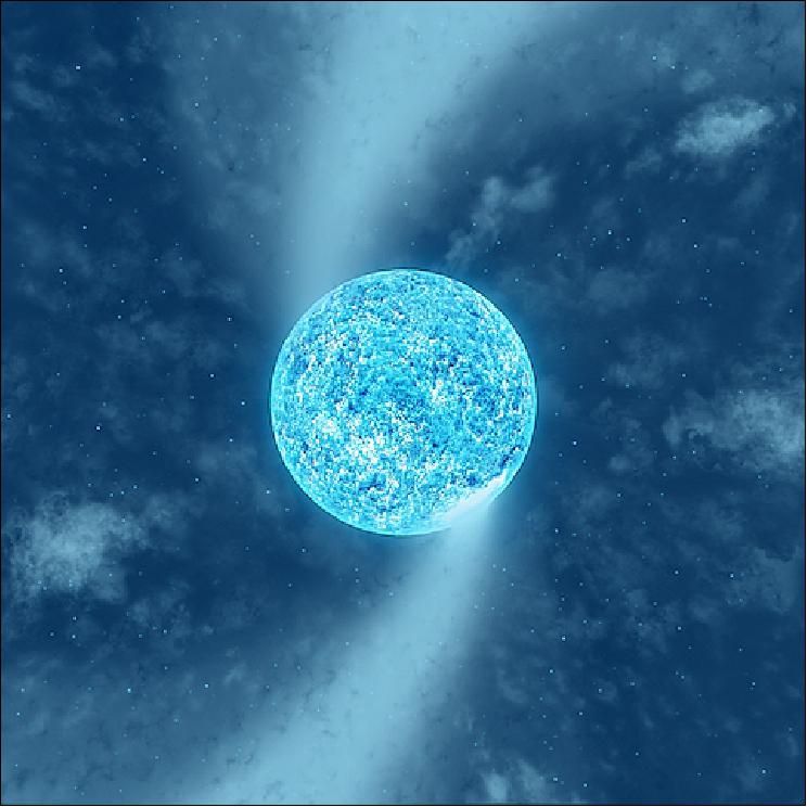 Figure 3: Artist's impression of the hot massive supergiant Zeta Puppis. The rotation period of the star indicated by the new BRITE observations is 1.78 d, and its spin axis is inclined by (24 ± 9)º with respect to the line of sight (image credit: Tahina Ramiaramanantsoa)