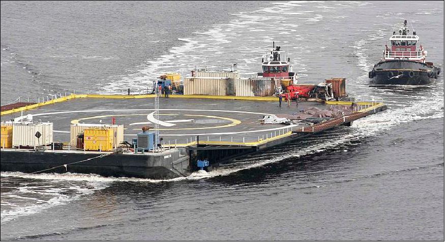 Figure 28: The SpaceX ‘autonomous spaceport drone ship' being towed into the Port of Jacksonville, FL on the St. Johns River, on 11 Jan 2015 with possible pieces of the SpaceX Falcon 9 first stage under tarps (image credit: Spaceflight Now) 33)