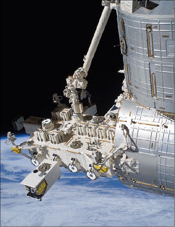 Figure 12: Photo of the JEM-EF complex on the ISS (prior to CATS installation) - the payloads are robotically attached to the JEM-EF using using "plug-in" ports (image credit: NASA, JAXA)