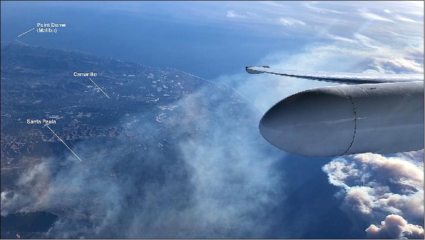 Figure 5: The Ventura county coastline is barely visible under a plume of smoke as NASA's ER-2 high-altitude aircraft carrying JPL's AVIRIS spectrometer instrument surveys the Southern California wildfires on Dec. 7, 2017 (image credit: NASA, Tim Williams)