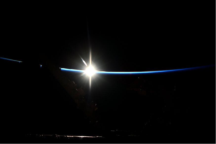 Figure 10: A sunrise seen from the International Space Station taken by ESA astronaut Samantha Cristoforetti. Samantha Tweeted this image with the text: "At the first light of the rising Sun humanity's outpost in space emerges from darkness." (image credit: ESA/NASA)