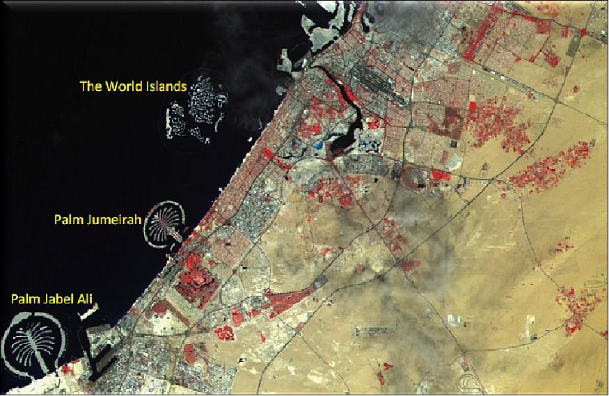 Figure 14: LISS-3 first-day image of Dubai, Palm Islands and Environs (image credit: ISRO, Ref. 25)