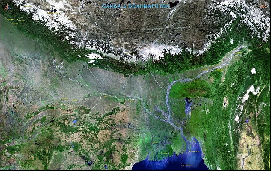 Figure 13: AWiFS image of the Ganges–Brahmaputra basin, a river delta of Bengal, consisting of Bangladesh and the state of West Bengal, India (image credit: ISRO)