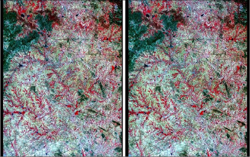 Figure 10: OLI and LISS-3 images of the same area in Andhra Pradesh were used to evaluate the comparative performances based on the intra-inter band correlation, spectral vegetation indices and land cover classification. AOI (Area of Interest) acquired with LISS-3 (left) and with OLI (right). The results showed that in most cases the LS-8 OLI and the RS-2 LISS-3 images are comparable. This study also indicated that LISS-3 images could fill the data gaps in OLI images for land-cover studies, vice versa (image credit: ISRO)