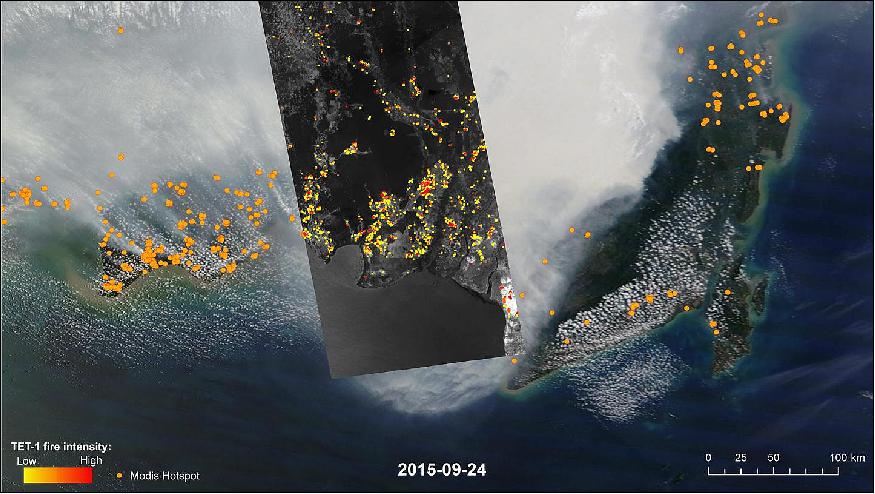Figure 16: The DLR TET-1 microsatellite delivers detailed images of the fires in Indonesia, acquired on Sept. 24, 2015, as shown in the inset (image credit: DLR)
