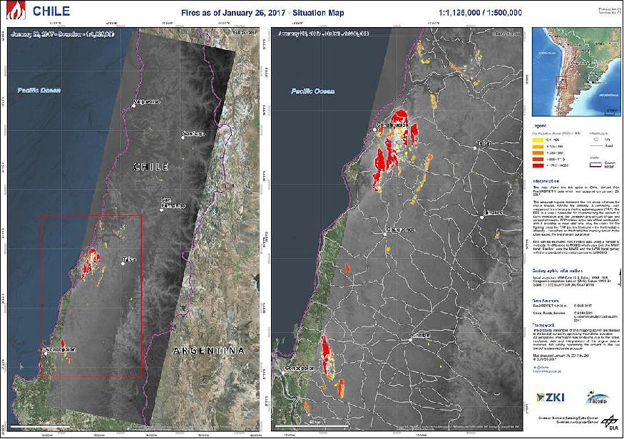 Figure 15: Sample situation map of fires in Chile as of January 26, 2017 (image credit: DLR)