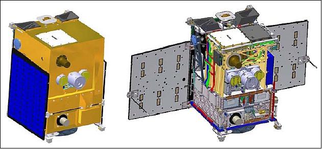 Figure 1: TET-1 spacecraft: launch configuration (left), deployed without MLI (right), image credit: Kayser-Threde
