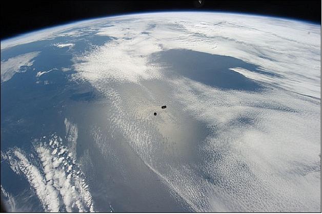 Figure 10: Photo of RAIKO and We-Wish from the ISS a few minutes after deployment (image credit: JAXA, NASA)