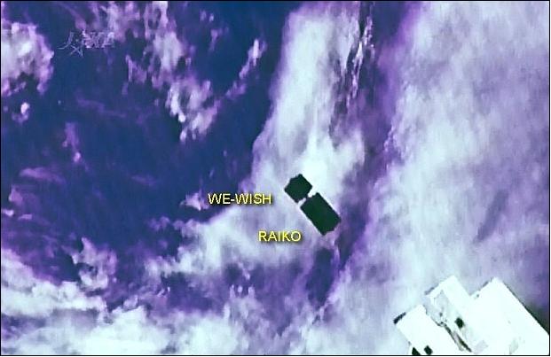 Figure 9: Photo of the first deployment from ISS showing RAIKO and We-Wish (image credit: JAXA, NASA)