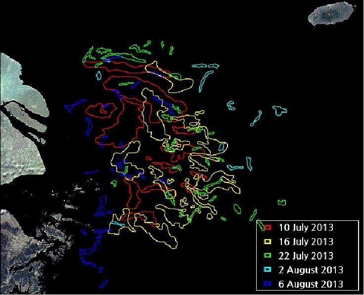 Figure 13: Schematic view of the red tide bloom spread and movement during July and August in the Korean Sea observed by GOCI (image credit: KOSC)