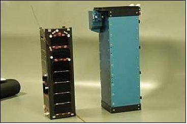 Figure 5: Photo of the TurkSat-3USat nanosatellite (left) and the ISIPOD (ISIS Payload Orbital Dispenser), image credit: ITU