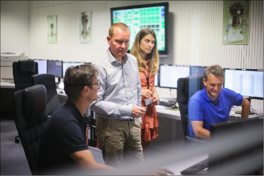 Figure 19: LISA Pathfinder mission controllers conducting flight operations at ESA/ESOC mission control center, Darmstadt, Germany, on 27 June 2017. After two years in orbit, LISA Pathfinder has already achieved much more than originally planned: to test in flight instruments that are enormously precise and to demonstrate that the technology will be capable of detecting gravity waves when used in the future full-scale LISA mission. With its prime technology demonstration mission complete, the satellite's final days will be dedicated to testing a number of operational procedures that could not be accommodated during its active mission. The team are now preparing the satellite for its final disposal maneuvers and shut-down, set for 18 July (image credit: ESA)