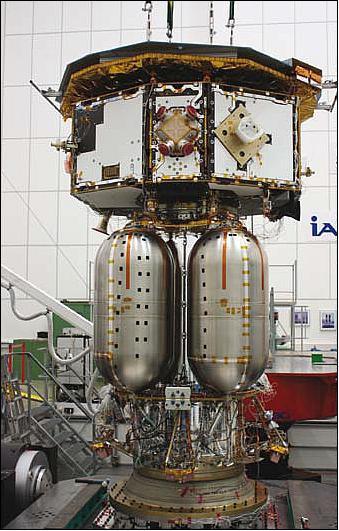 Figure 16: LISA Pathfinder Flight Model in launch configuration installed on the sine vibration shaker of IABG in Ottobrunn, Germany (image credit: ESA)