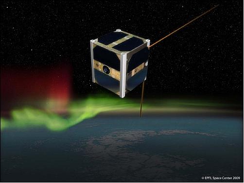 Figure 9: Artist's view of SwissCube observing airglow phenomena (image credit: EPFL)