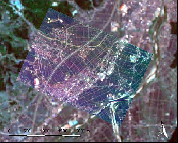 Figure 21: A true color composite image of Minami-Uonuma City, Niigata Prefecture, Japan, acquired by the RISING-2 HPT on 2 July 2014, overlaid on a true color composite image acquired by the Landsat-7 ETM+ (Enhanced Thematic Mapper Plus) on 30 May 2014 (image credit: RISING-2 partners)