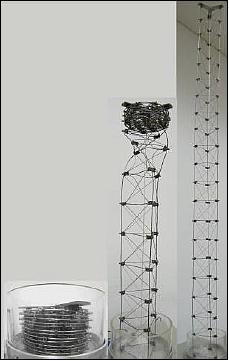 Figure 4: Illustration (from left) of the stowed helix, partially deployed mast, and deployed mast (image credit: BUAA)
