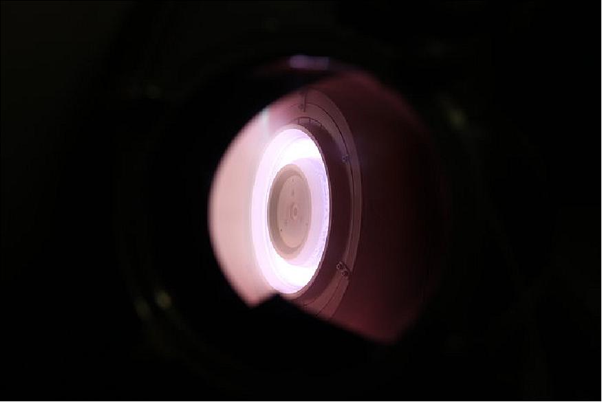 Figure 7: Thruster with air: Fired at first using standard xenon propellant, the test thruster was then shifted to atmospheric air, proving the principle of air-breathing electric propulsion (image credit: ESA)