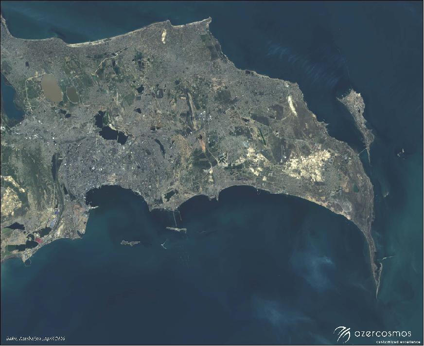 Figure 14: Azersky satellite image of Baku, acquired in April 2006. Baku is the capital and largest city of Azerbaijan with more than 2.2 million inhabitants, located on the southern side of the Absheron Peninsula on the Caspian Sea (image credit: Azercosmos, owner and operator of Azersky)