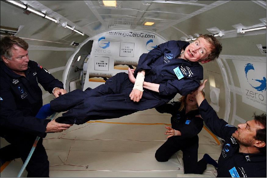 Figure 3: After taking off from Kennedy Space Center on April 26, 2007, noted physicist Stephen Hawking enjoys a microgravity flight aboard a modified Boeing 727 aircraft owned by Zero Gravity Corp. He was assisted by Peter Diamandis (right) and astronaut Byron Lichtenberg (left), founders of the Zero G Corp, and nurse practitioner Nicola O'Brien (image credit: NASA, J. Campbell, Aero-News Network) 7)