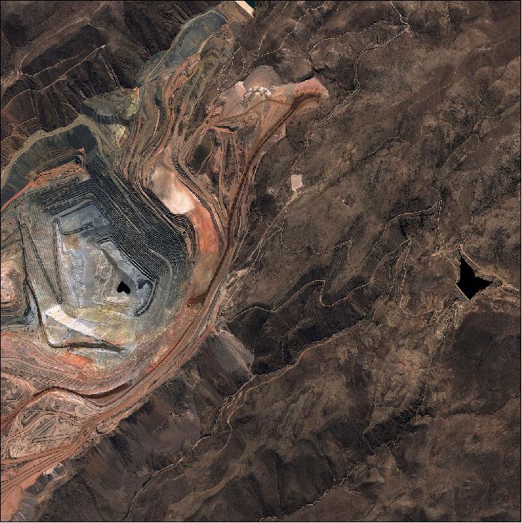 Figure 7: First PeruSat-1 image from the open-pit copper mine Cuajone in the Peruvian Andes, acquired on Oct. 5, 2016 (image credit: CONIDA)