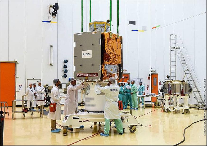 Figure 4: Photo of the integrated PeruSat-1 at Kourou (image credit: Arianespace, Airbus DS)