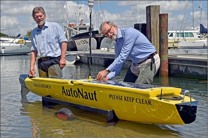 Figure 2: Preparing AutoNaut: A new company from the ESA Business Incubation Center Harwell in the UK has developed the autonomous AutoNaut boat that is propelled by the waves and carries ocean sensors powered by solar energy (image credit: AutoNaut)