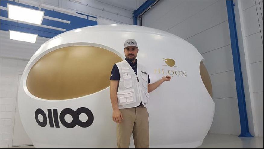 Figure 22: Photo of the real-size Bloon model (2.88 m in diameter and a mass of xx kg) with Jose Mariano Lopez-Urdiales, the CEO and founder of the company.(image credit: Zero 2 Infinity)