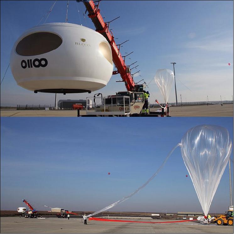 Figure 21: Top photo: The Bloon pod is suspended by a crane prior to launch. Bottom Photo: The stratospheric balloon is being filled with helium (image credit: Zero 2 Infinity)