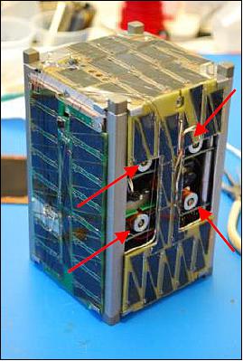 Figure 7: BRICSat-P 1.5 U CubeSat with four GWU micro cathode arc thrusters (see arrows), image credit: GWU