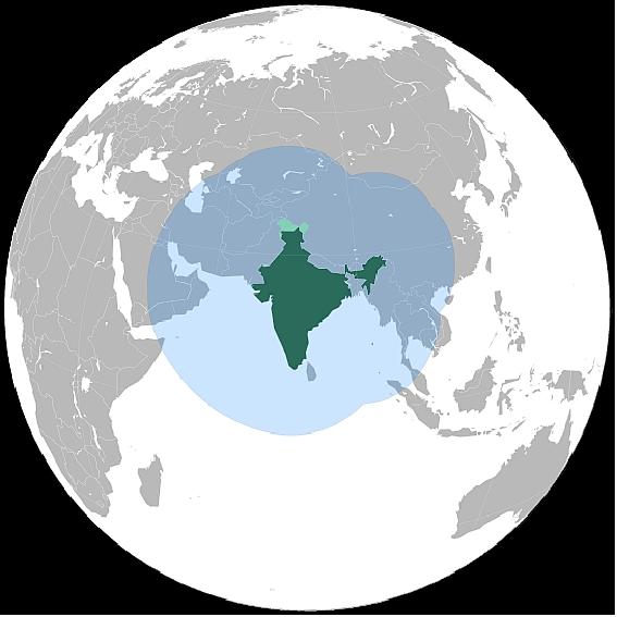 Figure 14: Illustration of the IRNSS coverage which includes an area of ~1500 km around the Indian land mass (image credit: ISRO)