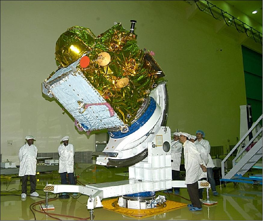 Figure 4: Photo of IRNSS-1A undergoing tests in the clean room (image credit: ISRO)