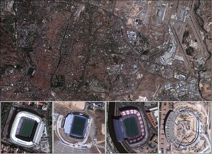 Figure 17: Top: Mosaic of two DEIMOS-2 images of Madrid, acquired on August 12 and 19, 2014. The mosaic is 20 km wide and 10 km high. Bottom: Enlarged examples of the Madrid mosaic showing the four main football stadiums of the city (Santiago Bernabeu, Alfredo di Stefano, Vicente Calderon and La Peineta/Estadio Olimpico), image credit: Elecnor Deimos