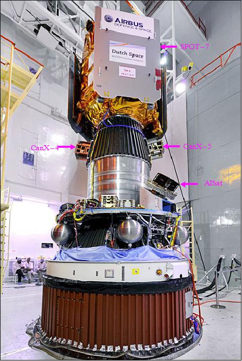 Figure 7: Photo of the fully-integrated PSLV upper stage, with SPOT-7, CanX-4, CanX-5, and AISat visible (image credit: UTIAS/SFL, ISRO)