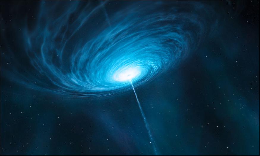 Figure 16: This is an artist's impression of the quasar 3C 279. Quasars are the very bright centers of distant galaxies that are powered by supermassive black holes. This quasar contains a black hole with a mass about one billion times that of the sun, and is so far from Earth that its light has taken more than 5 billion years to reach us. The team were able to probe scales of less than a light-year across the quasar — a remarkable achievement for a target that is billions of light-years away (image credit: ESO, M. Kornmesser)