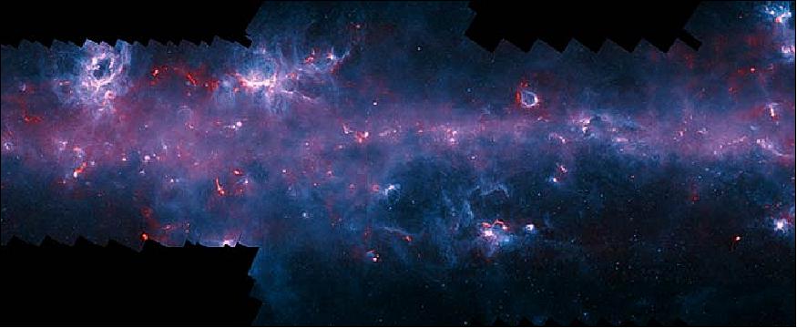 Figure 13: A spectacular new image of the Milky Way has been released to mark the completion of the ATLASGAL. The APEX data, at a wavelength of 0.87 mm, shows up in red and the background blue image was imaged at shorter infrared wavelengths by the NASA Spitzer Space Telescope as part of the GLIMPSE survey (image credit: ESO/APEX/ATLASGAL consortium/NASA/GLIMPSE consortium/ESA/Planck)