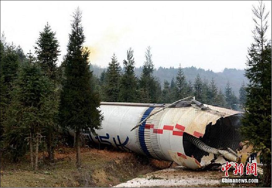 Figure 8: Photo of the 1st stage of the CZ-3A vehicle of flight FY-2G after it crashed outside the Gaopingsi village of southwest China's Guizhou province on December 31, 2014 (image credit: Chinanews.com)