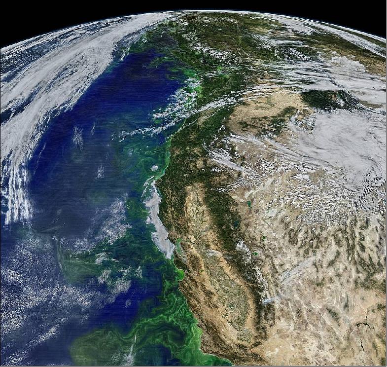 Figure 3: The Pacific Ocean teems with phytoplankton along the West Coast of the United States, as captured by the MODIS instrument on NASA's Aqua satellite. Satellites can track phytoplankton blooms, which occur when these plant-like organisms receive optimal amounts of sunlight and nutrients. Phytoplankton play an important role in removing atmospheric carbon dioxide (image credit: NASA)