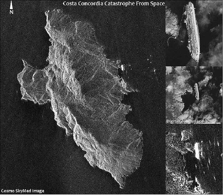 Figure 20: COSMO-SkyMed radar image (left) showing the catastrophy of the Costa Concordia ship on the island of Giglio, Italy (image credit: ASI) 42)