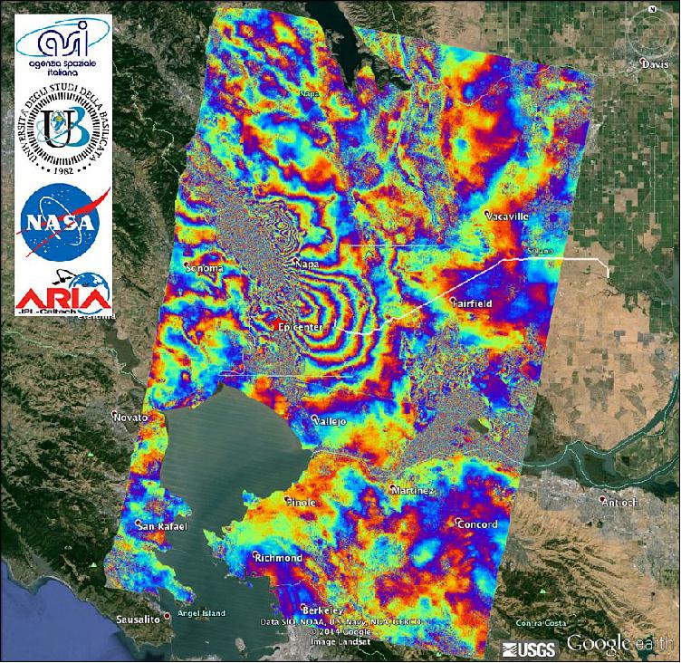 Figure 17: COSMO-SkyMed interferogram showing the South Napa earthquake deformation field (image credit: ASI, UB, NASA, ARIA Ref. 32)