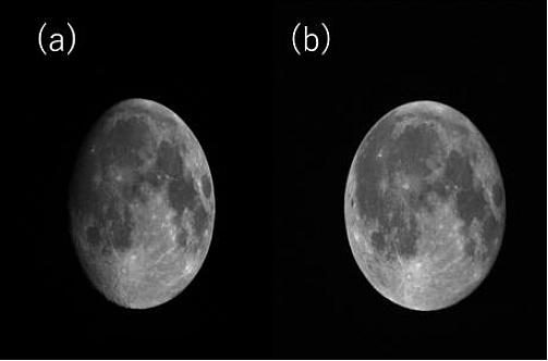 Figure 4: Examples of raw Moon images obtained in band G (520-600 nm) on (a) August 16, 2016 and (b) August 19, 2016. Measured over sampling factors were approximately 1.3 for both (a) and (b), image credit: Hodoyoshi Study Team