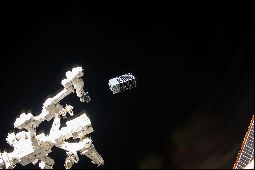 Figure 4: Photo of the U.S. Army and DoD's Kestrel Eye Block II microsatellite being deployed from the ISS on 24 Oct. 2017 (image credit: NASA Image: ISS053E130267) 12)